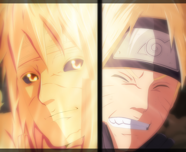 Anime picture 2400x1962 with naruto studio pierrot naruto (series) uzumaki naruto namikaze minato nuclearagent highres short hair blonde hair smile yellow eyes eyes closed sunlight multiple boys grin coloring facial mark close-up face multiview
