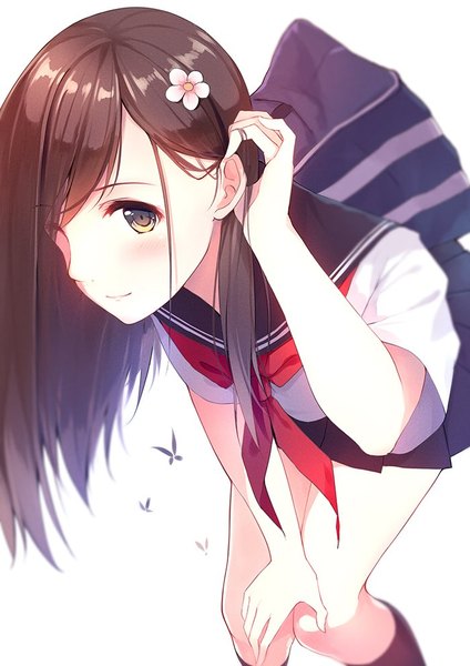 Anime picture 700x990 with original aki (caidychen) caidychen single long hair tall image looking at viewer blush fringe simple background brown hair standing white background brown eyes yellow eyes pleated skirt hair flower light smile blurry arm support