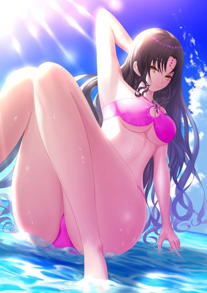 Anime picture 2480x3508 with fate (series) fate/extra fate/extra ccc sesshouin kiara fujifuji924 single long hair tall image looking at viewer fringe highres breasts light erotic black hair smile hair between eyes large breasts sitting yellow eyes payot