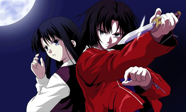 Anime picture 6000x3631 with kara no kyoukai type-moon ryougi shiki highres wide image night girl moon knife kokuto agika