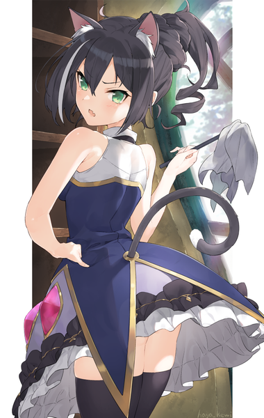 Anime picture 720x1136 with princess connect! re:dive princess connect! karyl (princess connect!) hayashi kewi single long hair tall image fringe light erotic black hair hair between eyes green eyes animal ears ponytail indoors tail animal tail looking back multicolored hair cat ears