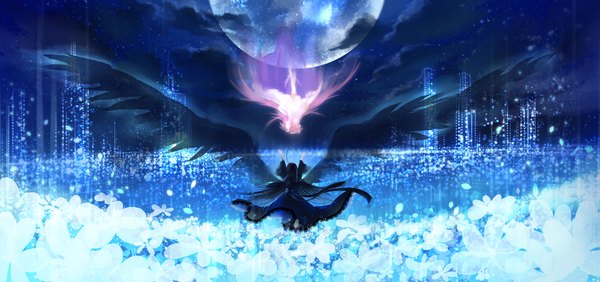 Anime picture 2125x1000 with mahou shoujo madoka magica shaft (studio) akemi homura kaname madoka goddess madoka akuma homura yukinokoe long hair highres black hair wide image multiple girls pink hair cloud (clouds) night night sky black wings girl dress flower (flowers)