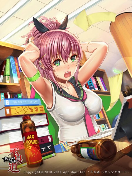 Anime picture 750x1000 with furyou michi ~gang road~ remana single tall image blush short hair open mouth green eyes pink hair girl bow hair bow earrings necktie pendant book (books) sailor suit