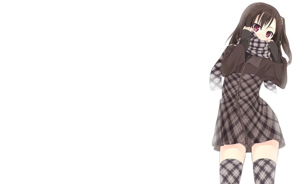 Anime picture 1280x800 with 5 nenme no houkago (artbook) shizuku (kantoku) kantoku long hair black hair simple background brown hair wide image white background pink eyes one side up girl thighhighs scarf
