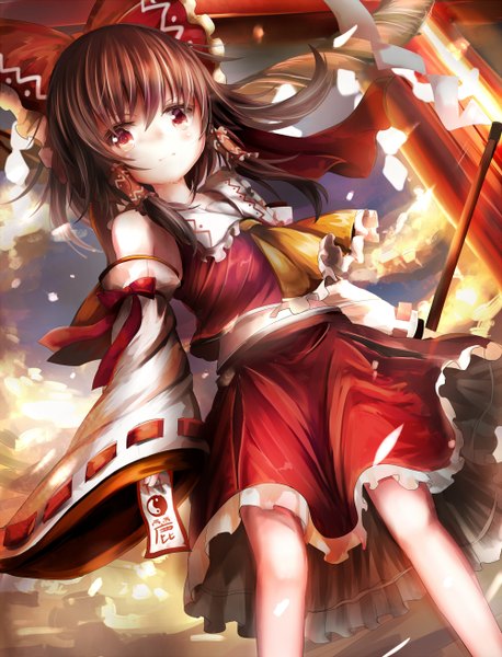 Anime picture 1000x1310 with touhou hakurei reimu umagenzin single tall image looking at viewer short hair red eyes brown hair bare shoulders traditional clothes wide sleeves from below midriff dutch angle miko girl skirt bow hair bow