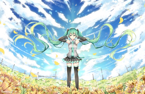 Anime picture 1200x776 with vocaloid hatsune miku sevens (treefeather) single looking at viewer blush fringe standing twintails bare shoulders signed sky cloud (clouds) outdoors very long hair pleated skirt aqua eyes wind aqua hair gradient hair