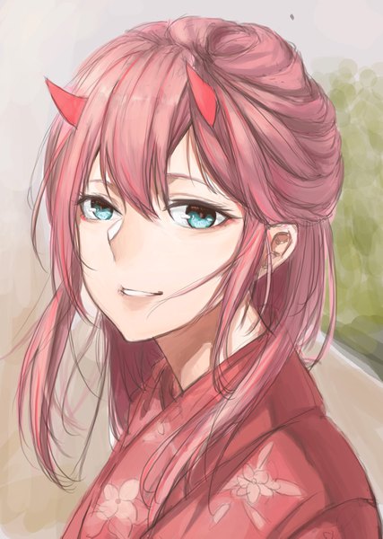 Anime picture 2480x3485 with darling in the franxx studio trigger zero two (darling in the franxx) liudaohai6001 single long hair tall image looking at viewer fringe highres blue eyes smile hair between eyes payot pink hair upper body traditional clothes parted lips japanese clothes horn (horns)
