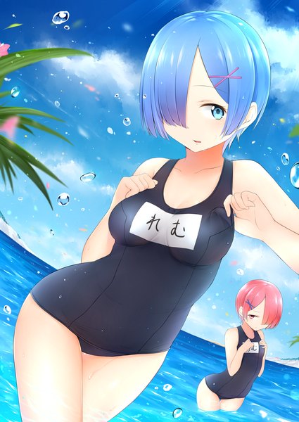 Anime picture 2507x3541 with re:zero kara hajimeru isekai seikatsu white fox rem (re:zero) ram (re:zero) akky (akimi1127) tall image fringe highres short hair blue eyes light erotic red eyes multiple girls blue hair pink hair sky cloud (clouds) hair over one eye girl 2 girls