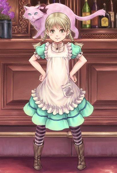 Anime picture 1627x2394 with original kosai takayuki single long hair tall image looking at viewer blonde hair smile standing green eyes full body indoors braid (braids) short sleeves puffy sleeves twin braids striped hands on hips girl dress