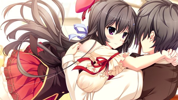 Anime picture 1280x720 with love sweets otonashi kanae long hair blush short hair light erotic black hair wide image purple eyes game cg couple hug girl dress boy ribbon (ribbons) hair ribbon beret