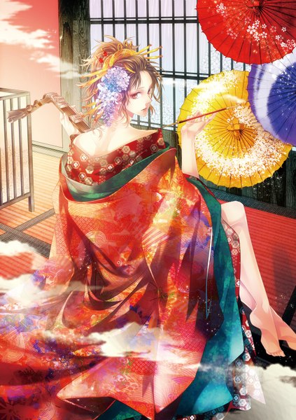 Anime picture 1100x1560 with komashiro single tall image short hair brown hair sitting traditional clothes japanese clothes looking back barefoot hair flower orange eyes back smoke music boy hair ornament flower (flowers) kimono umbrella