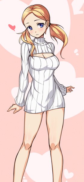 Anime picture 670x1440 with original saiste single long hair tall image blush breasts blue eyes blonde hair twintails cleavage legs girl sweater turtleneck open-chest turtleneck