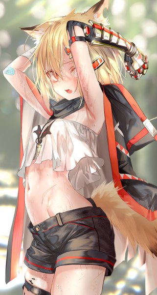Anime picture 1500x2800 with arknights vermeil (arknights) pottsness single tall image looking at viewer blush fringe short hair open mouth light erotic blonde hair hair between eyes standing animal ears ahoge outdoors tail animal tail blurry