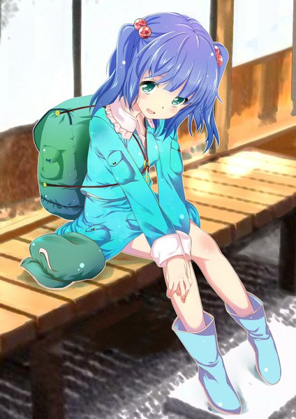 Anime picture 1240x1753 with touhou kawashiro nitori mokyutan single tall image short hair green eyes blue hair girl peaked cap backpack flat cap