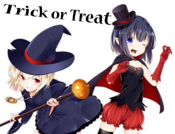 Anime picture 1860x1420 with original ninnzinn highres short hair open mouth blue eyes black hair blonde hair red eyes multiple girls one eye closed wink pointy ears halloween trick or treat girl dress 2 girls hat pendant