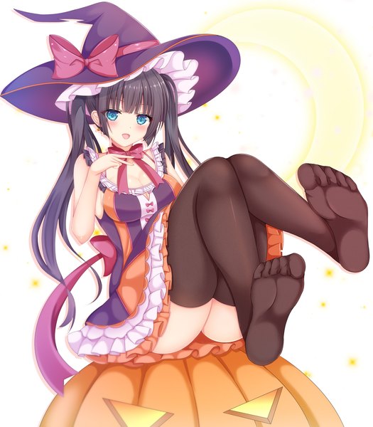 Anime picture 1575x1800 with original nao (naobinarydigit) single long hair tall image blush open mouth blue eyes light erotic black hair white background sitting twintails payot full body :d no shoes sleeveless halloween girl