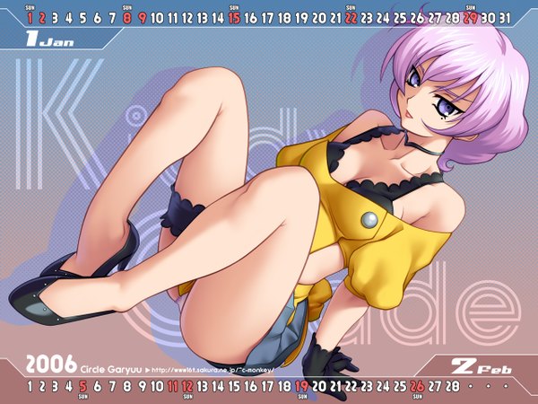 Anime picture 1280x960 with kiddy grade gonzo tagme (character) short hair breasts light erotic sitting cleavage purple hair mole pantyshot wallpaper mole under eye lipstick pantyshot sitting 2006 calendar 2006 gloves underwear panties