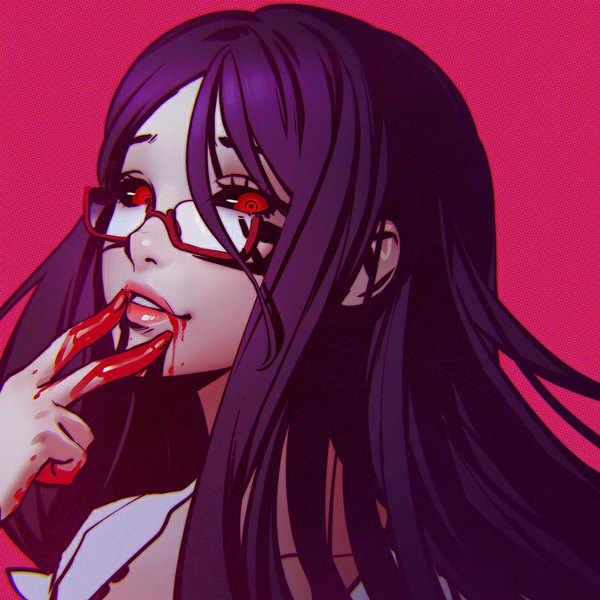 Anime picture 900x900 with tokyo ghoul studio pierrot kamishiro rize ilya kuvshinov single long hair looking at viewer simple background red eyes purple hair parted lips lips finger to mouth portrait pink background black sclera girl glasses blood