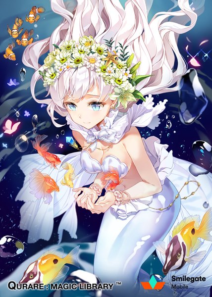Anime picture 600x840 with qurare: magic library gilse single long hair tall image blue eyes smile looking away cleavage white hair hair flower copyright name floating hair outstretched arm groin pale skin underwater monster girl girl navel