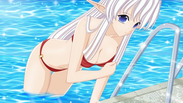 Anime picture 1280x720 with blue eyes light erotic wide image silver hair elf swimsuit bikini