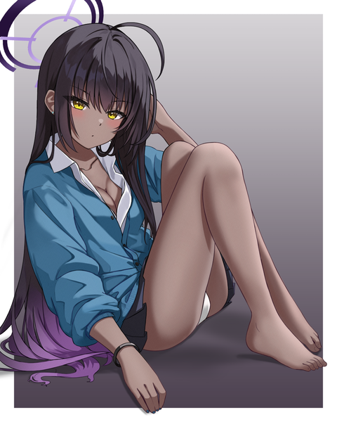 Anime picture 1000x1250 with blue archive karin (blue archive) coma (light825) single long hair tall image looking at viewer blush fringe breasts light erotic black hair sitting yellow eyes cleavage full body ahoge bent knee (knees) pleated skirt multicolored hair