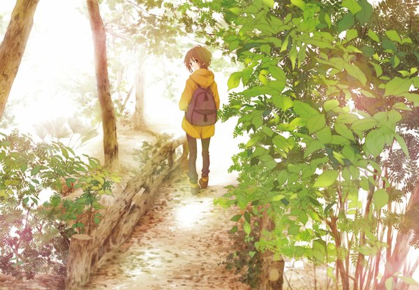 Anime picture 1000x693 with original nagi kanami single short hair brown hair brown eyes looking back from behind plant (plants) tree (trees) hood coat backpack
