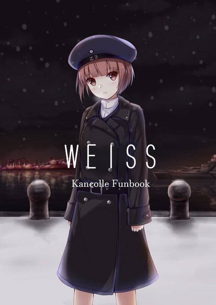 Anime picture 1450x2048 with kantai collection z3 destroyer (max schultz) bee doushi single tall image looking at viewer fringe short hair brown hair standing brown eyes blunt bangs night night sky snowing winter snow exhalation military girl