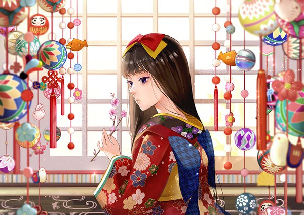 Anime picture 800x566 with original antweiyi single long hair fringe blue eyes black hair looking away upper body blunt bangs traditional clothes japanese clothes cherry blossoms kikumon hinamatsuri (festival) girl bow hair bow kimono obi