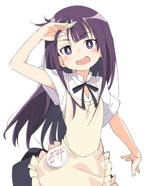 Anime picture 741x920 with working!! a-1 pictures yamada aoi ixy single long hair tall image blush open mouth simple background white background purple eyes purple hair waitress salute girl apron