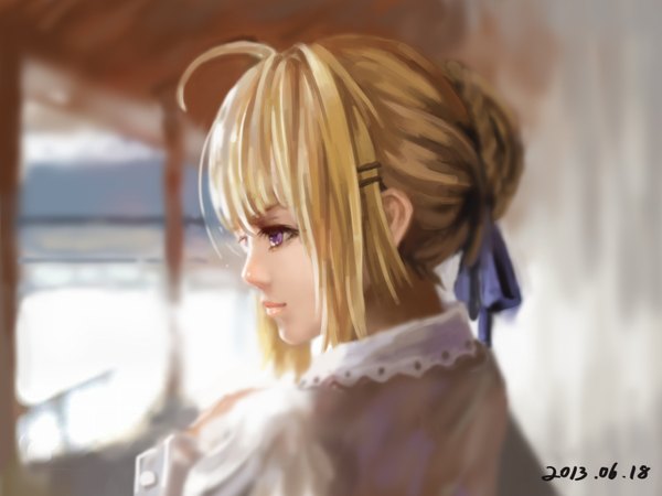 Anime picture 1600x1200 with fate (series) fate/stay night studio deen type-moon artoria pendragon (all) saber tagme (artist) single fringe blonde hair purple eyes ahoge braid (braids) profile lips realistic girl hair ornament ribbon (ribbons) bobby pin