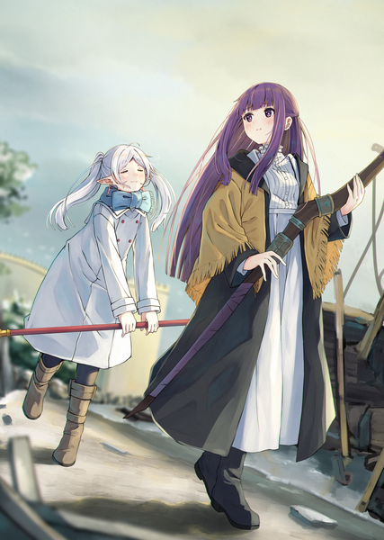 Anime picture 2326x3269 with sousou no frieren frieren fern (sousou no frieren) n2 (yf33) long hair tall image highres purple eyes twintails multiple girls looking away silver hair purple hair outdoors eyes closed pointy ears elf half updo walking girl