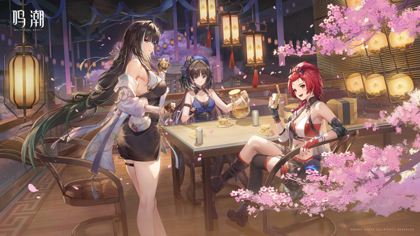 Anime picture 3840x2160 with wuthering waves yangyang (wuthering waves) chixia (wuthering waves) baizhi (wuthering waves) criin long hair looking at viewer fringe highres breasts open mouth blue eyes black hair smile red eyes brown hair wide image standing sitting bare shoulders