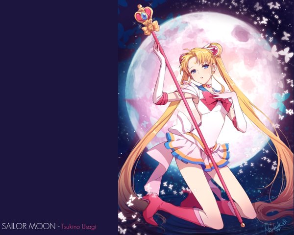 Anime picture 1280x1024 with bishoujo senshi sailor moon toei animation tsukino usagi sailor moon nardack blue eyes blonde hair very long hair kneeling girl earrings heart insect butterfly moon staff moon (symbol)