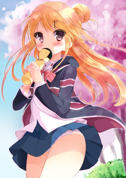 Anime picture 707x1000 with kin-iro mosaic kujou karen kujou danbo single long hair tall image blush light erotic blonde hair brown eyes pleated skirt wind hair bun (hair buns) pantyshot cherry blossoms skirt flip girl skirt uniform underwear