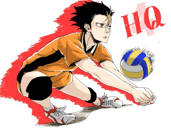 Anime picture 800x600 with haikyuu!! production i.g nishinoya yuu nayuta (hanayushi) single blush short hair black hair simple background white background brown eyes multicolored hair two-tone hair leaning leaning forward streaked hair copyright name volleyball boy uniform