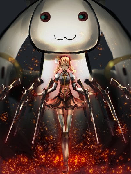 Anime picture 1200x1597 with mahou shoujo madoka magica shaft (studio) tomoe mami kyuubee litlicha (pixiv) tall image short hair blonde hair twintails orange eyes drill hair short twintails wavy hair :3 girl thighhighs dress weapon detached sleeves gun