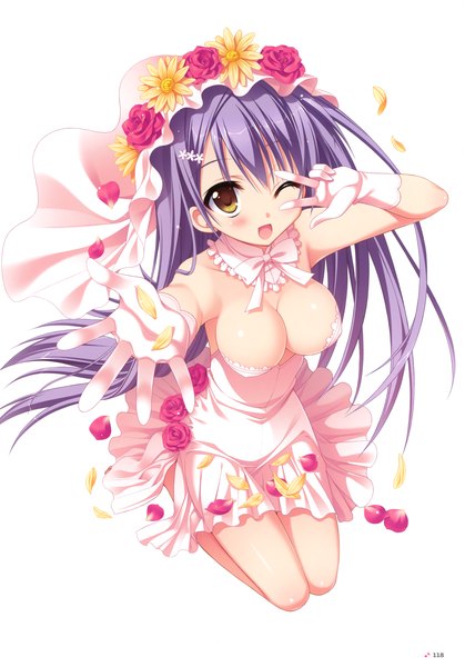 Anime picture 2446x3500 with moribe (rabumanyo) single long hair tall image blush highres breasts open mouth light erotic simple background white background yellow eyes purple hair one eye closed wink scan girl dress petals wedding dress