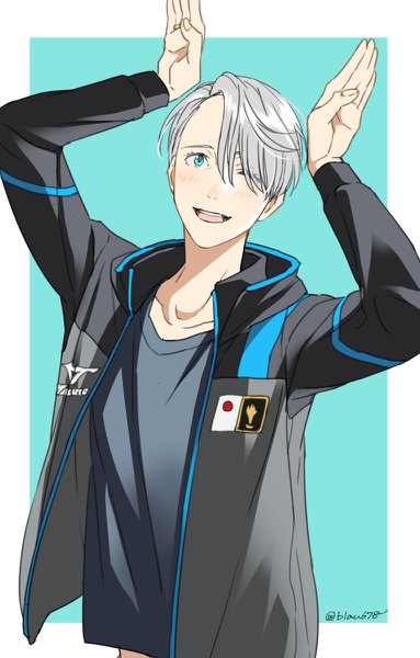 Anime picture 766x1200 with yuri!!! on ice mappa viktor nikiforov natsuko (bluecandy) single tall image looking at viewer blush short hair open mouth blue eyes simple background smile silver hair upper body one eye closed wink arms up aqua background bunny pose