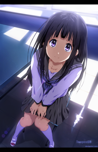 Anime picture 900x1395 with hyouka kyoto animation chitanda eru tempestdh single long hair tall image black hair smile pleated skirt pink eyes from above sunlight coloring girl skirt uniform school uniform socks shoes
