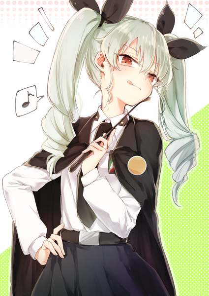 Anime-Bild 727x1027 mit girls und panzer anchovy (girls und panzer) honotai single long hair tall image looking at viewer blush fringe hair between eyes red eyes white background twintails holding grey hair hand on hip drill hair polka dot green background girl
