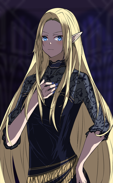 Anime picture 2044x3293 with kage no jitsuryokusha ni naritakute! alpha (kage no jitsuryokusha ni naritakute!) user mrsh3574 single tall image looking at viewer highres blue eyes blonde hair standing upper body very long hair nail polish pointy ears alternate costume hand on chest elf blue nail polish girl dress