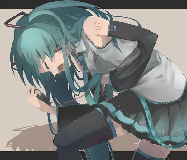 Anime picture 1163x1000 with vocaloid hatsune miku ogipote long hair open mouth twintails eyes closed aqua eyes aqua hair screaming girl thighhighs skirt detached sleeves miniskirt microphone