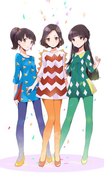 Anime picture 816x1388 with perfume (group) ayano omoto (nocchi) yuka kashino (kashiyuka) ayaka ishiwaki (a-chan) fly (marguerite) long hair tall image looking at viewer blush fringe short hair black hair simple background smile white background multiple girls brown eyes looking away ponytail black eyes