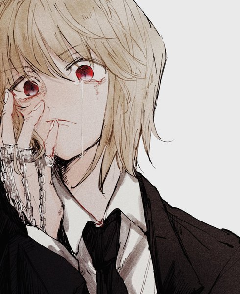 Anime picture 1113x1363 with hunter x hunter kurapica necomu single tall image fringe short hair simple background blonde hair hair between eyes red eyes looking away upper body grey background tears boy necktie ring
