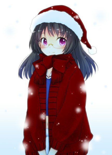 Anime picture 720x1000 with kantai collection choukai heavy cruiser fujii chifumi single long hair tall image looking at viewer black hair simple background smile white background purple eyes fur trim snowing cute girl navel bow hat glasses
