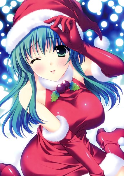 Anime picture 2124x3000 with r.g.b! shiki midori suzuhira hiro single long hair tall image blush fringe highres green eyes one eye closed green hair wink fur trim christmas girl gloves elbow gloves fur santa claus hat