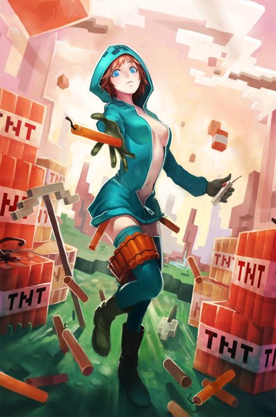 Anime picture 1000x1510 with minecraft creeper lascalis (artist) single tall image short hair blue eyes light erotic brown hair open clothes open jacket body blush personification girl gloves boots hood explosives bomb tnt block (minecraft)