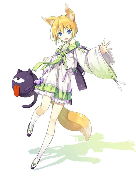 Anime picture 772x1000 with original shiratama kitsune kuroino (poco) poco (asahi age) single tall image looking at viewer blush short hair open mouth blue eyes blonde hair animal ears tail animal tail teeth shadow fang (fangs) fox ears fox tail