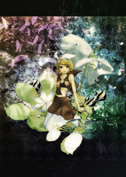 Anime picture 1872x2631 with vocaloid kagamine rin 1g (artist) tall image highres short hair blue eyes blonde hair girl skirt flower (flowers) miniskirt
