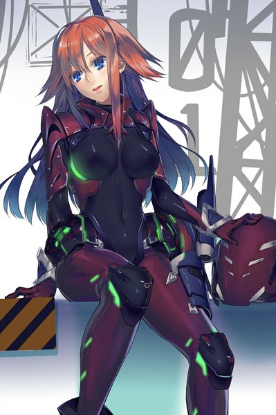 Anime picture 750x1128 with original hullabaloo single long hair tall image blush breasts blue eyes light erotic sitting looking away orange hair covered navel girl navel bodysuit helmet